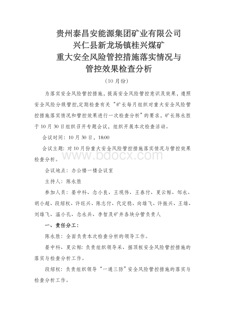 10月份重大安全风险管控措施落实情况与管控效果检查分析文档格式.doc