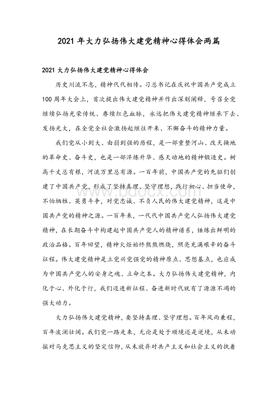 2021年大力弘扬伟大建党精神心得体会两篇文档格式.docx