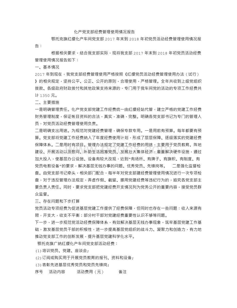 党员活动经费使用情况报告Word格式文档下载.doc