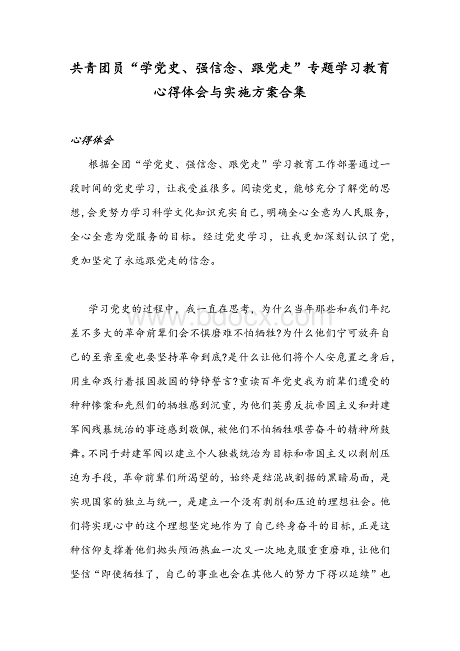 共青团员“学党史、强信念、跟党走”专题学习教育心得体会与实施方案合集.docx_第1页