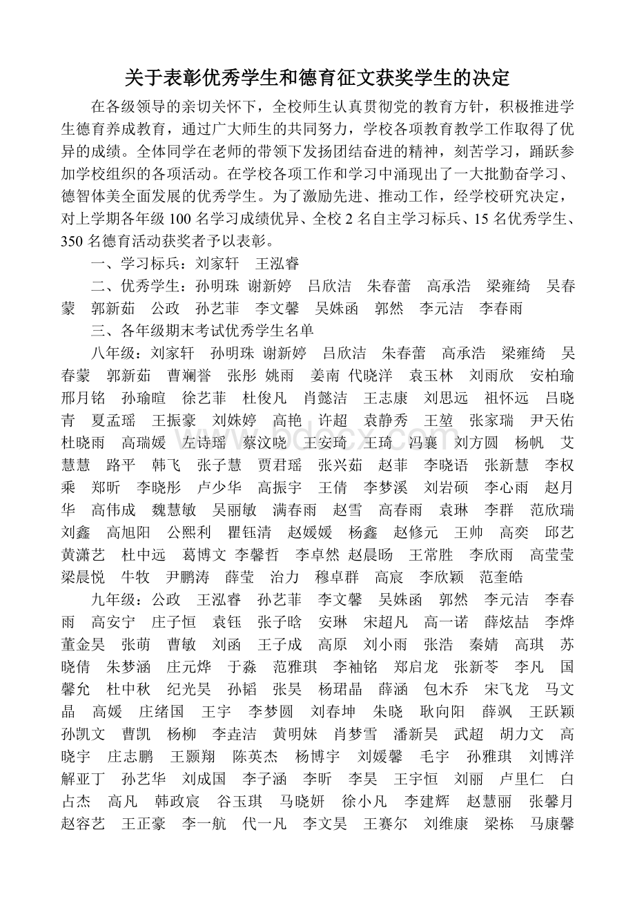 关于表彰优秀学生的决定Word格式文档下载.doc