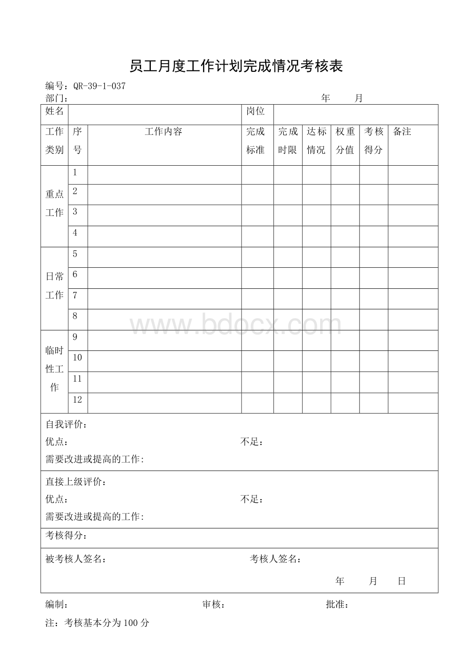 员工月度工作计划完成情况考核表Word文档下载推荐.doc_第1页