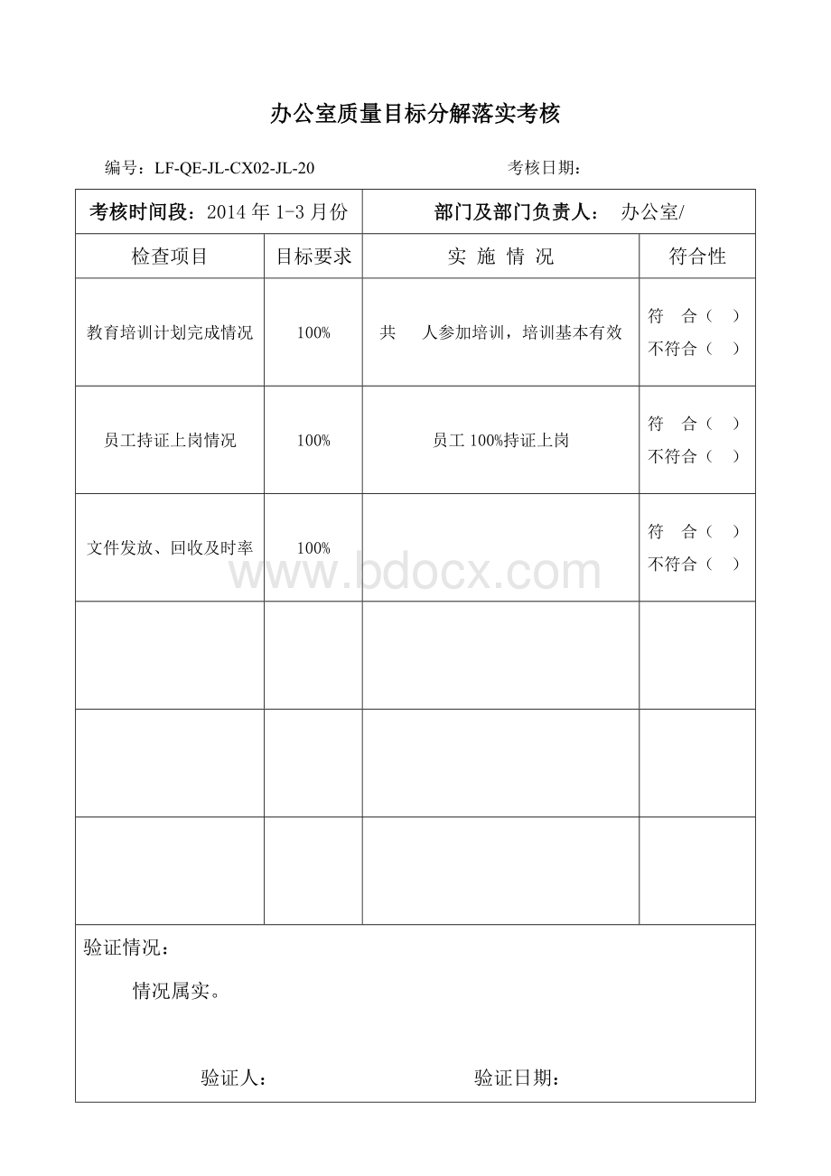 办公室质量目标分解落实考核表Word格式文档下载.doc