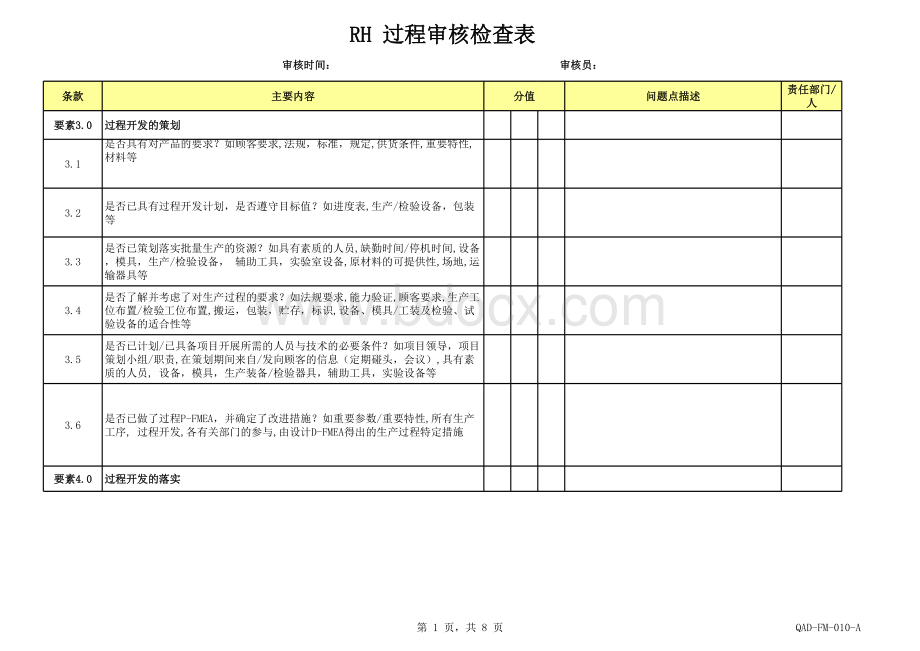 2014年过程审核检查表和评分表.xls