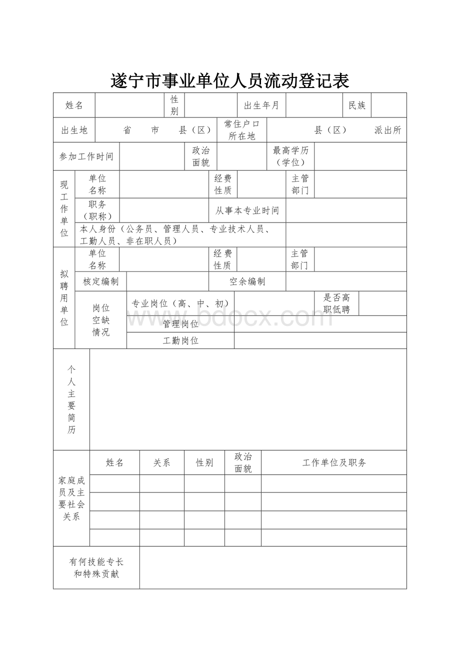 2015遂宁市事业单位人员流动登记表.doc_第1页