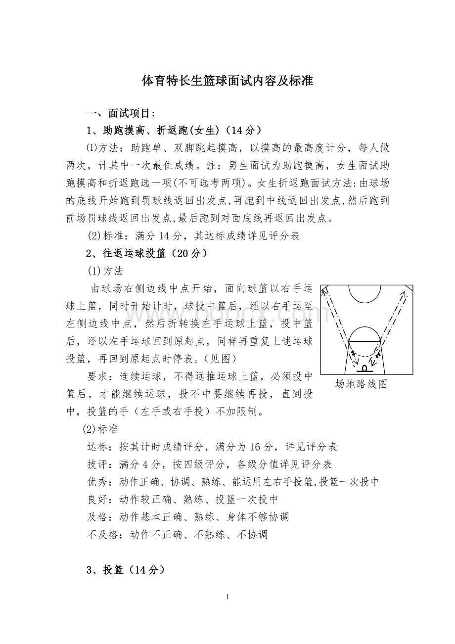 体育特长生篮球面试内容及评分标准Word文件下载.doc