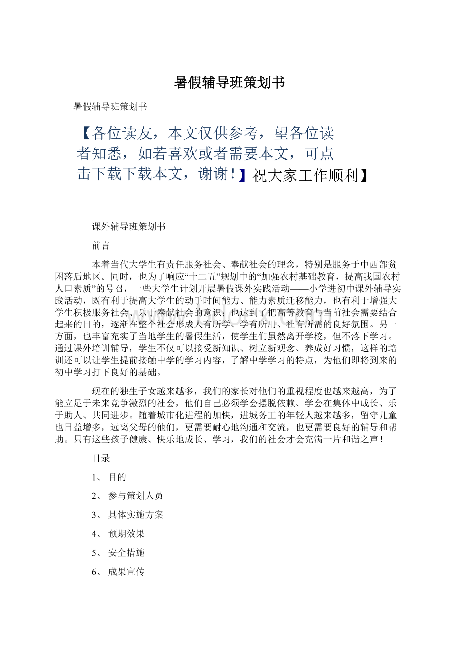 暑假辅导班策划书Word格式文档下载.docx