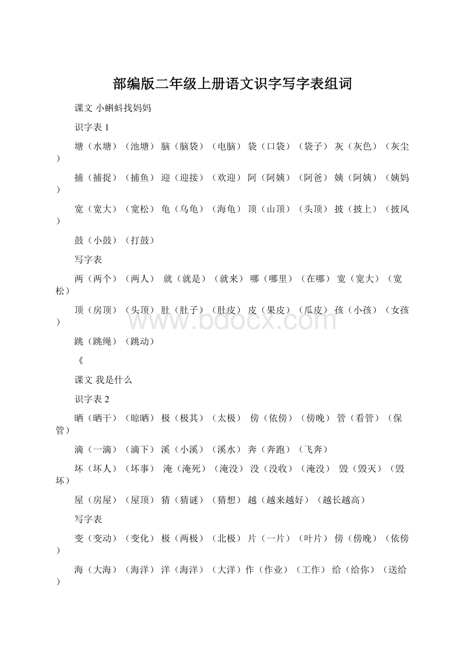 部编版二年级上册语文识字写字表组词Word格式文档下载.docx