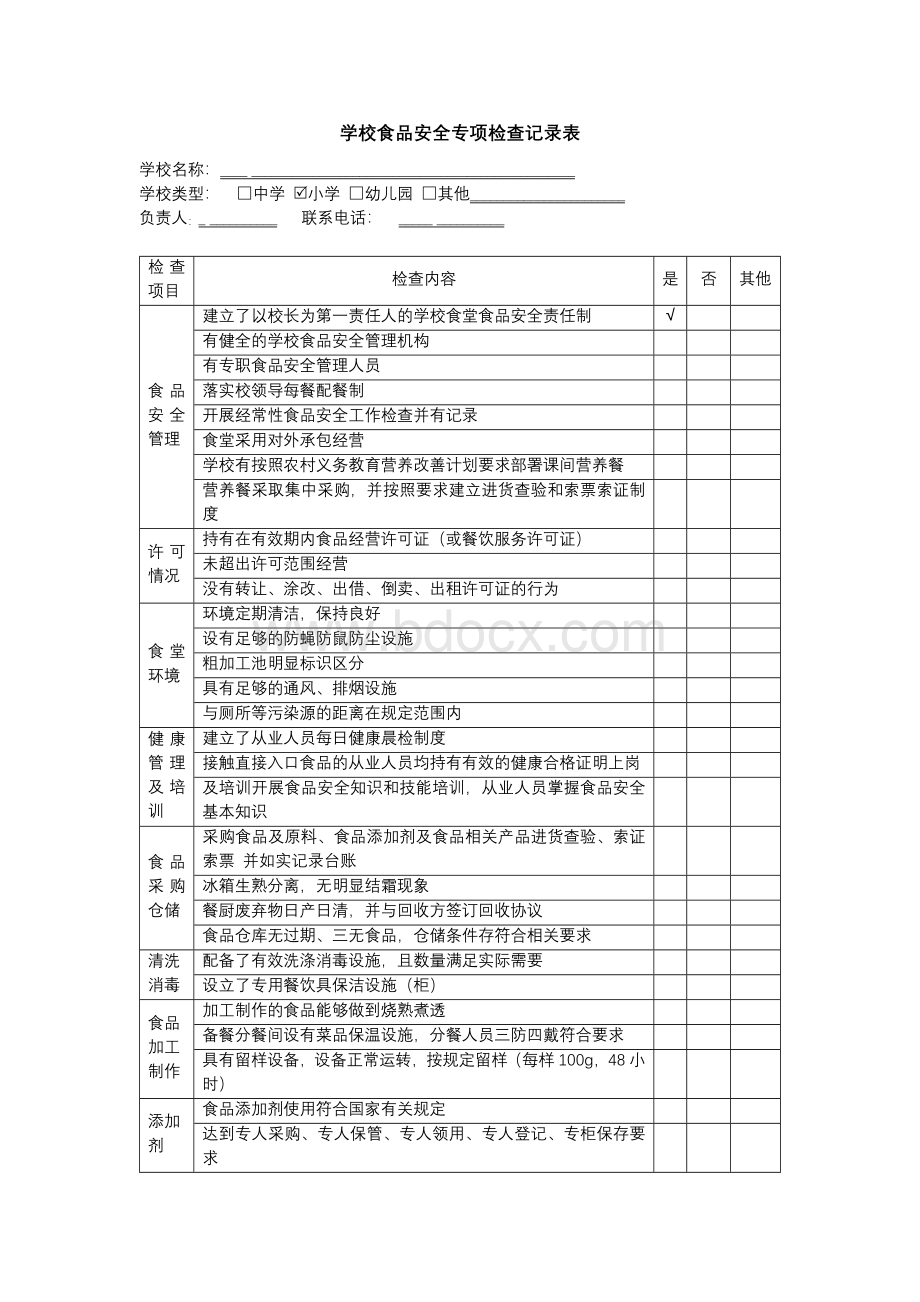 学校食品安全专项检查记录表Word格式文档下载.docx_第1页