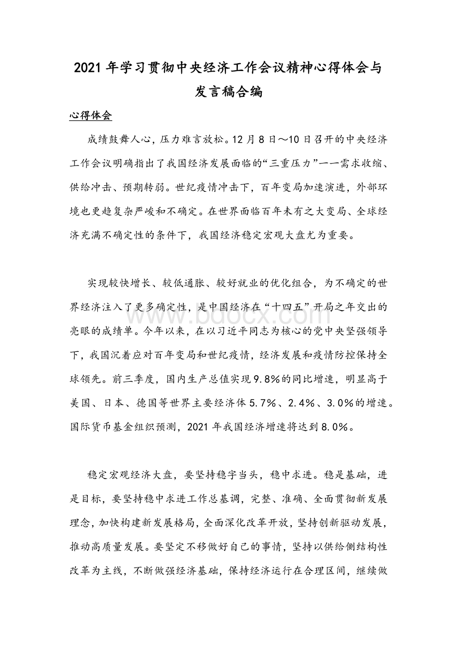 2021年学习贯彻中央经济工作会议精神心得体会与发言稿合编Word格式文档下载.docx