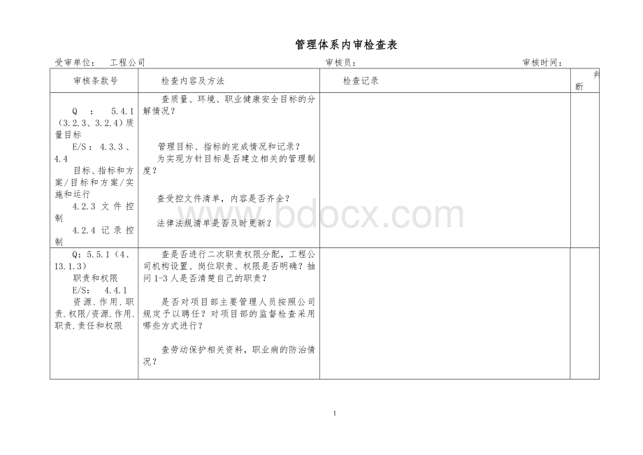 工程公司内部审核检查表Word格式.doc