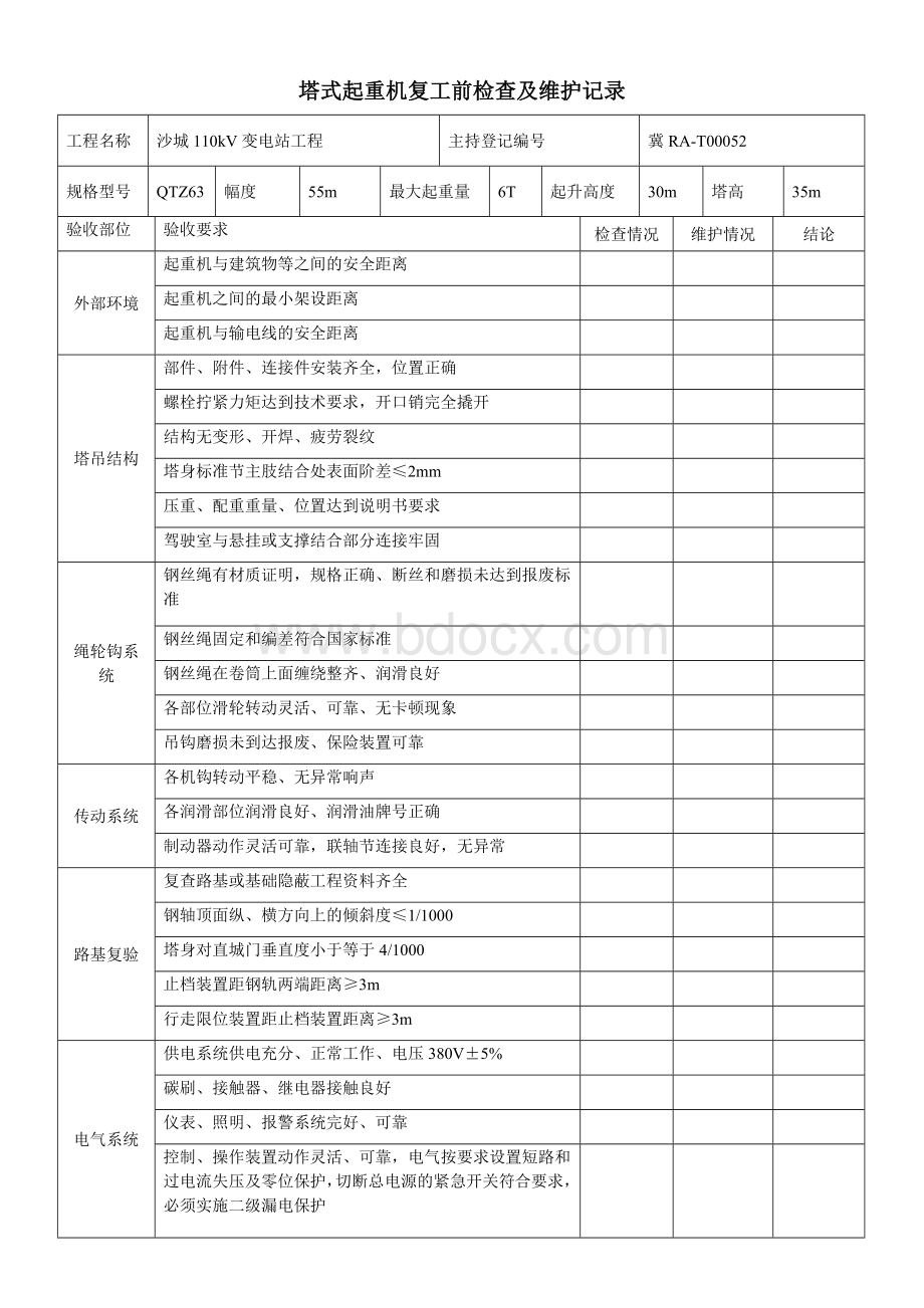 塔式起重机检查记录Word格式.doc_第1页