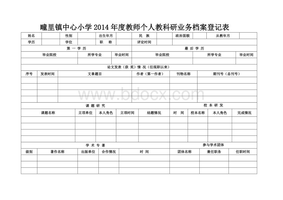 个人教科研业务档案登记表.doc