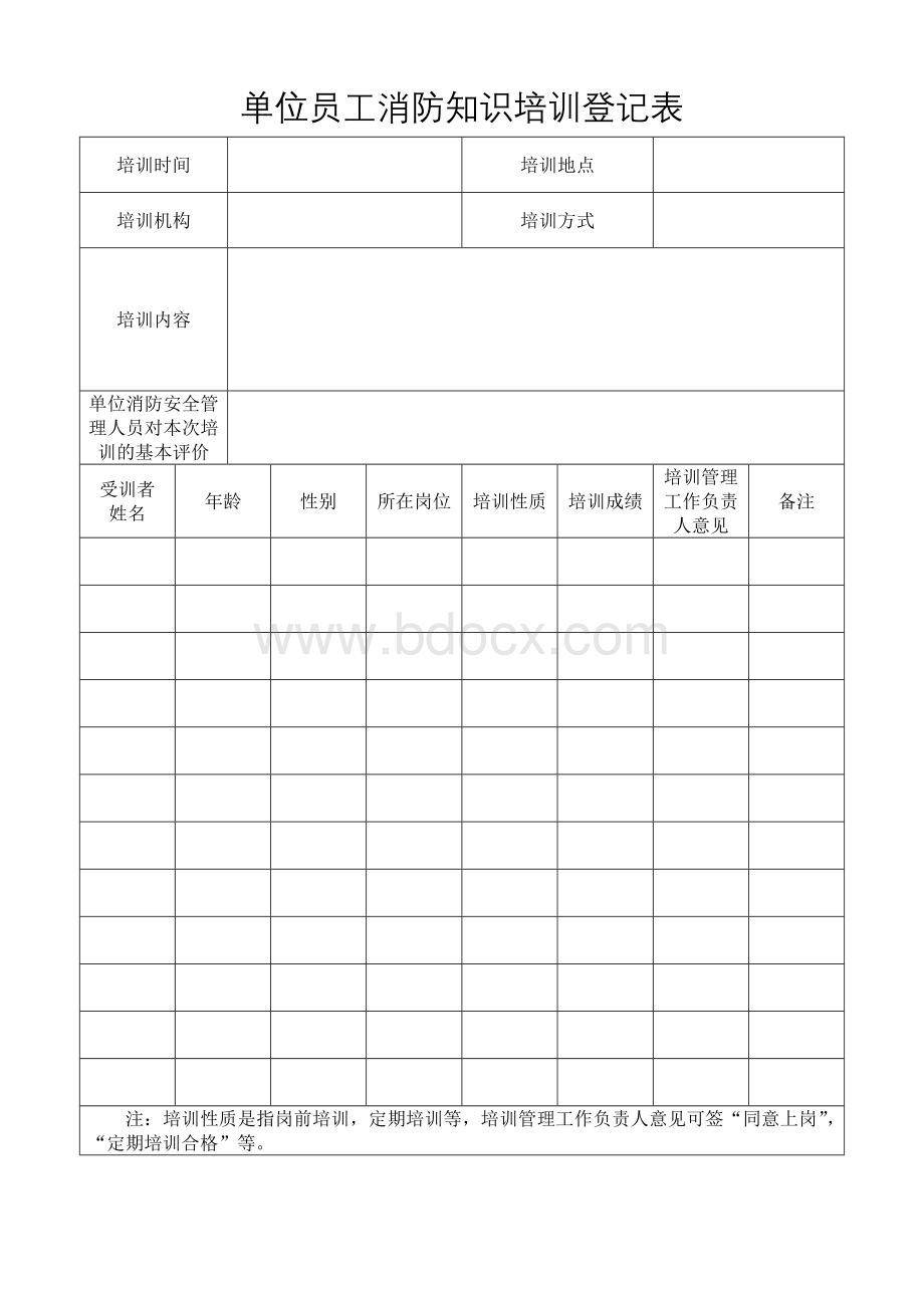 单位员工消防知识培训登记表文档格式.doc