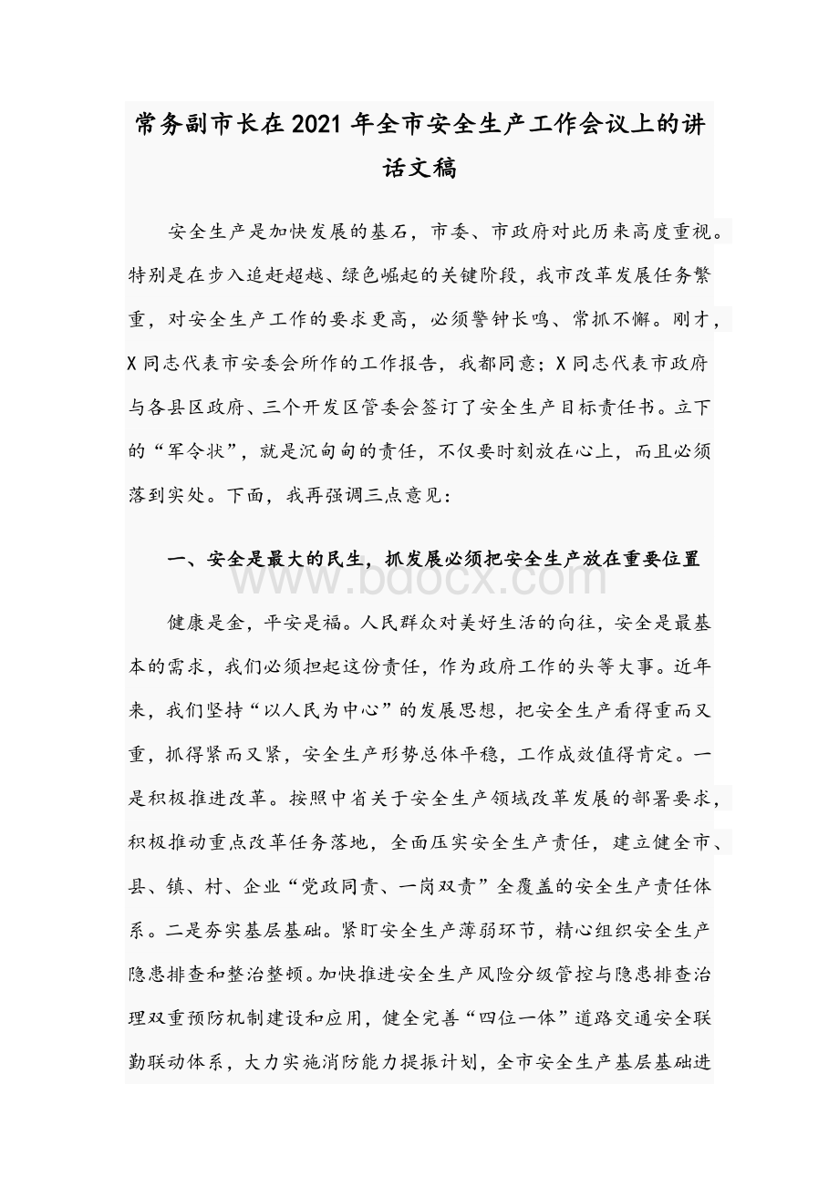 常务副市长在2021年全市安全生产工作会议上的讲话文稿.docx