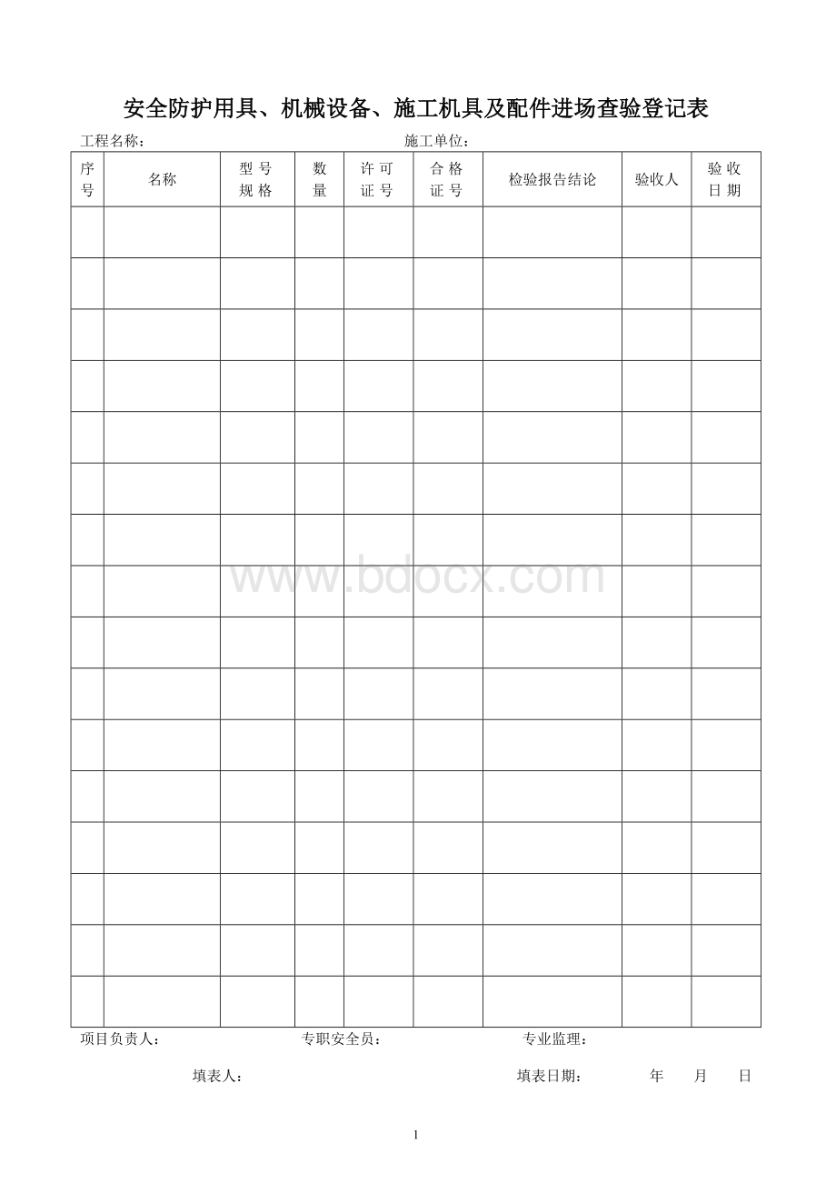 安全防护用具、机械设备、施工机具及配件进场查验登记表.doc