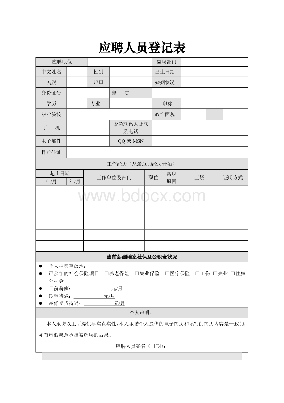 应聘人员登记表(免费下载).doc_第1页