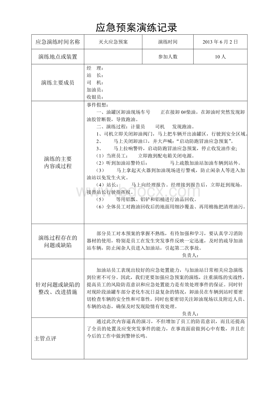 加油站应急预案演练记录模板Word文件下载.doc