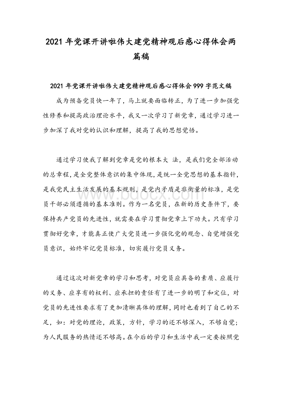 2021年党课开讲啦伟大建党精神观后感心得体会两篇稿.docx