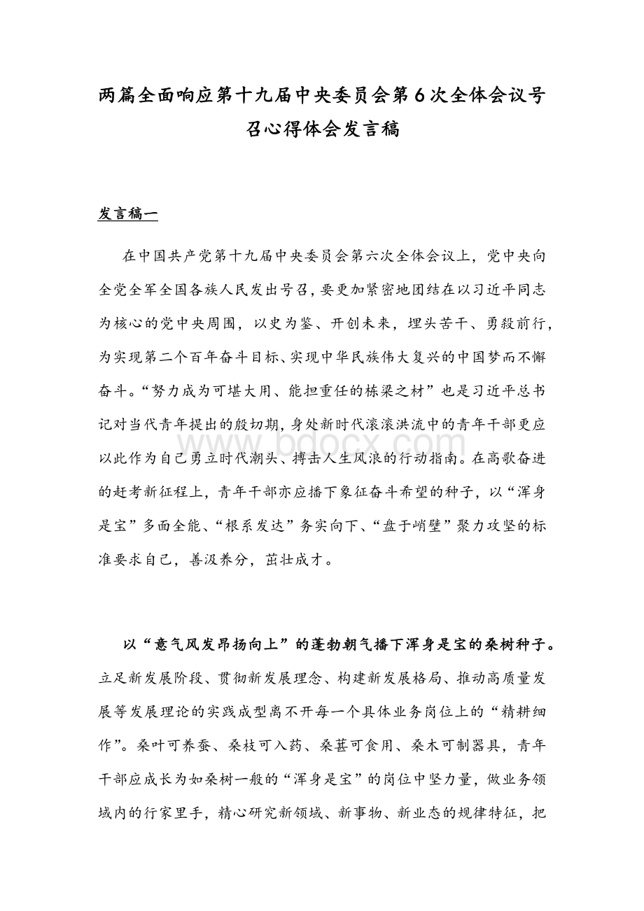 两篇全面响应第十九届中央委员会第6次全体会议号召心得体会发言稿.docx