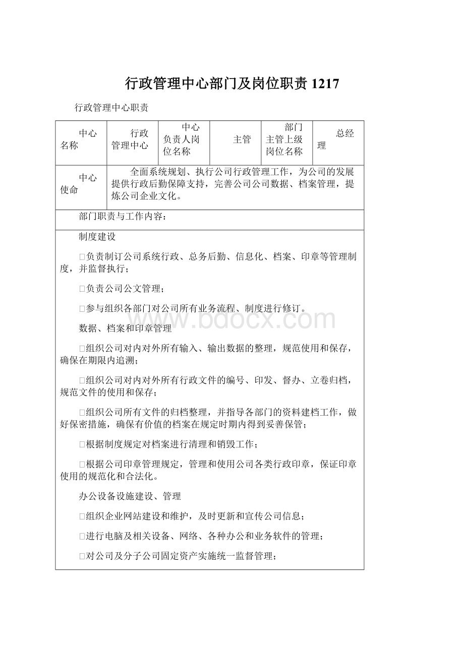 行政管理中心部门及岗位职责1217Word文档格式.docx