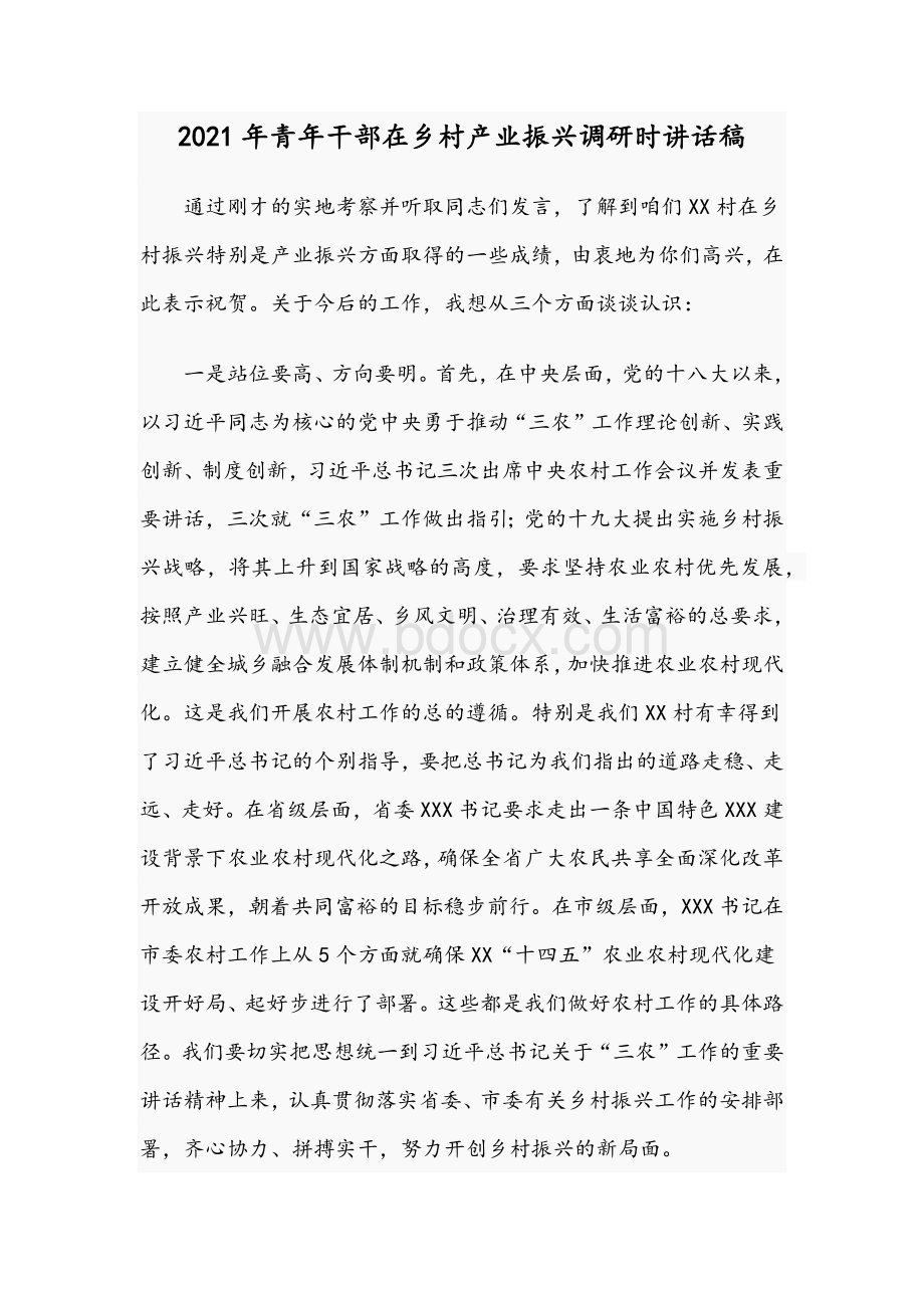 2021年青年干部在乡村产业振兴调研时讲话稿Word文件下载.docx_第1页