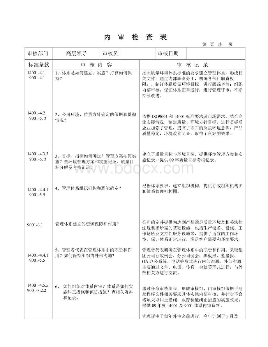 双体系内审检查表.doc