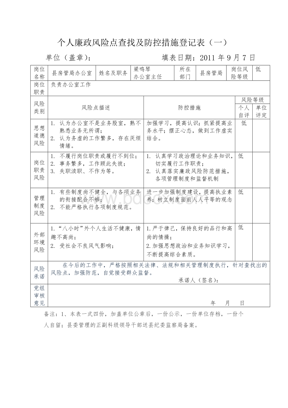 个人廉政风险点查找及防控措施登记表Word文件下载.doc