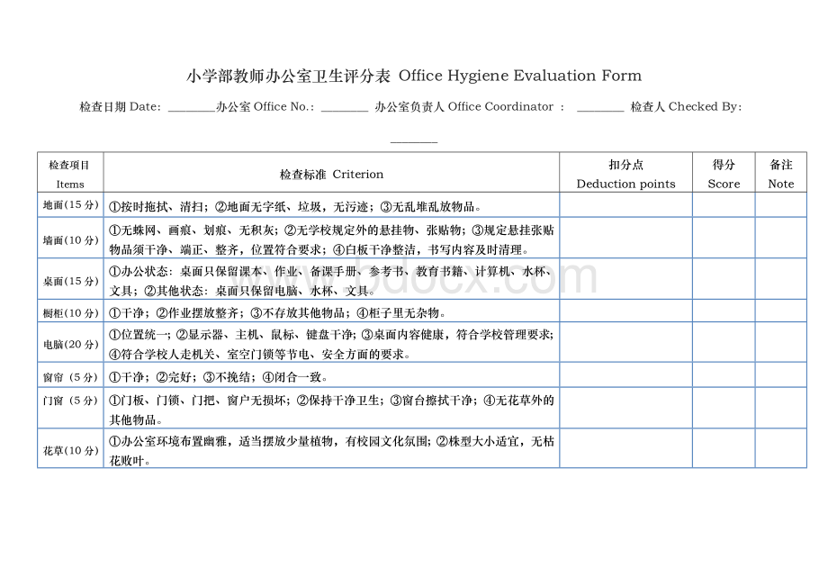 办公室检查卫生评比标准及评比表格Word格式.doc_第3页