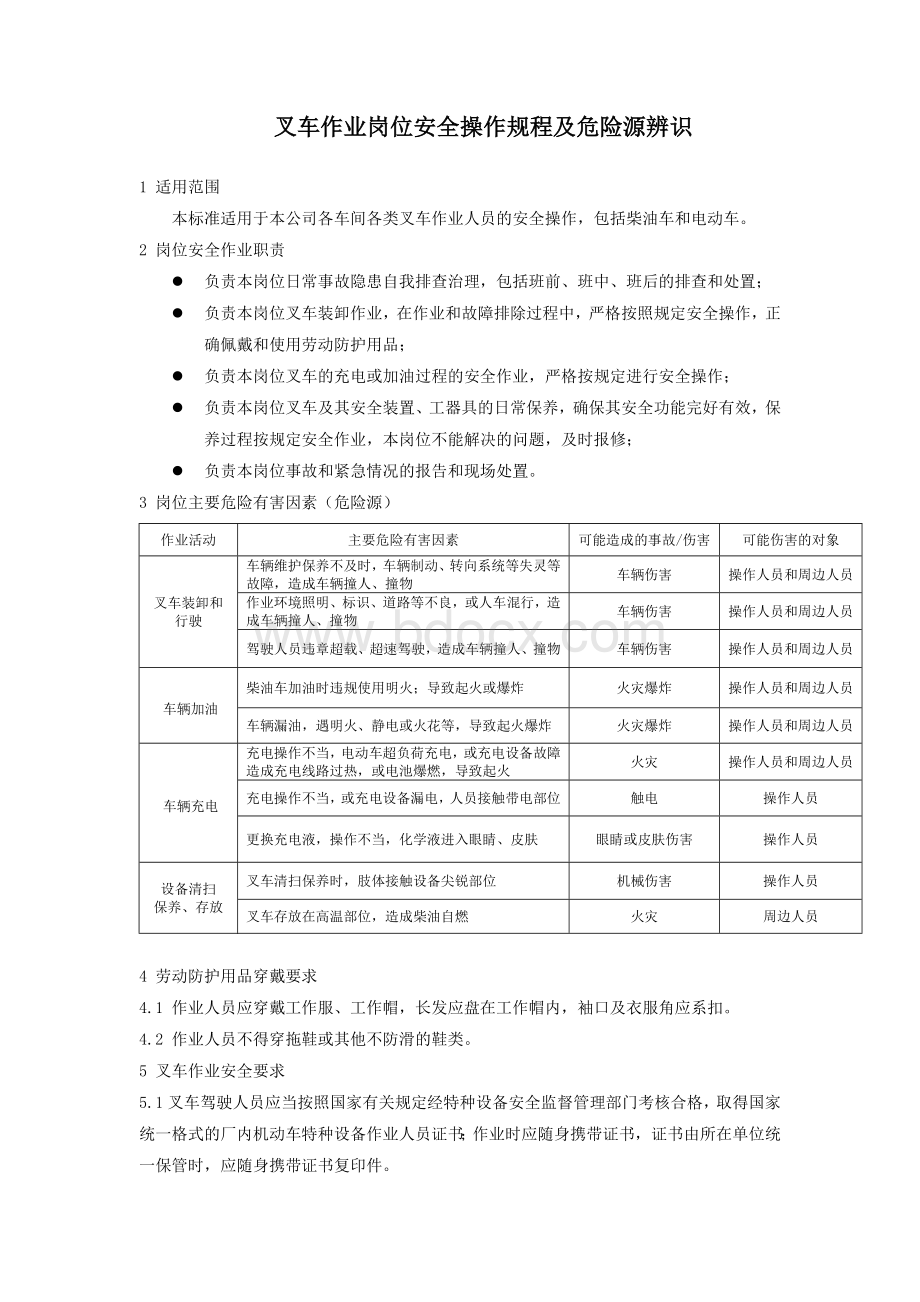 叉车作业岗位安全操作规程及危险源辨识.doc