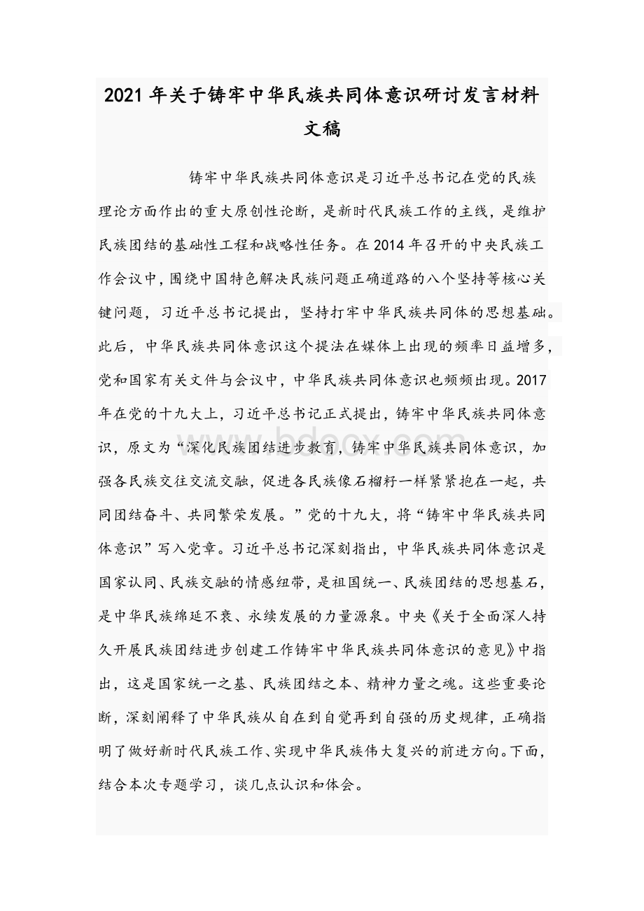 2021年关于铸牢中华民族共同体意识研讨发言材料文稿.docx