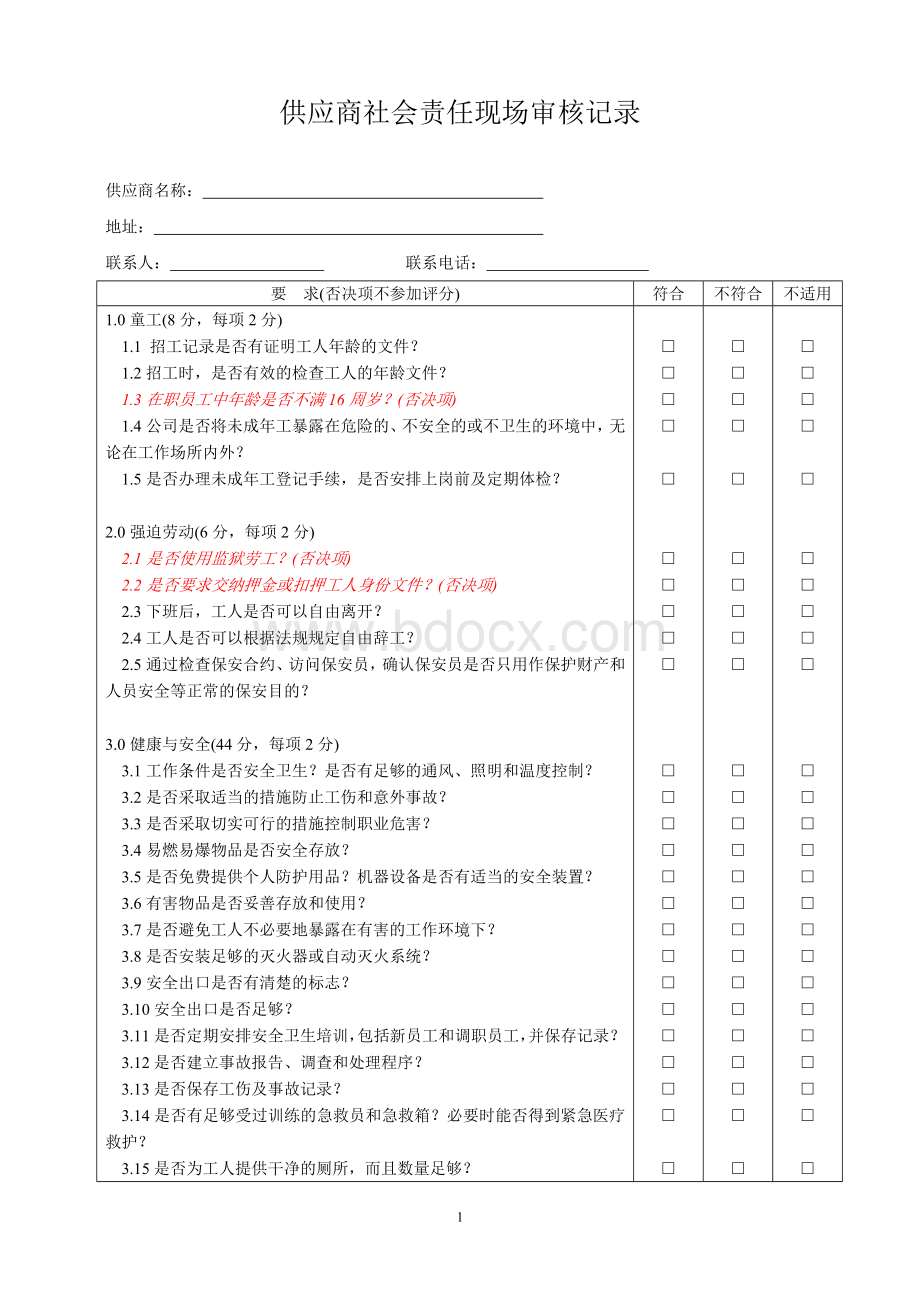 供应商社会责任现场审核记录Word文档下载推荐.doc_第1页