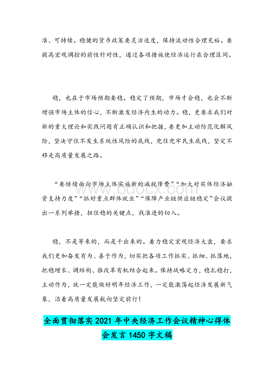 2021年全面贯彻落实中央经济工作会议精神心得体会发言稿两篇.docx_第2页