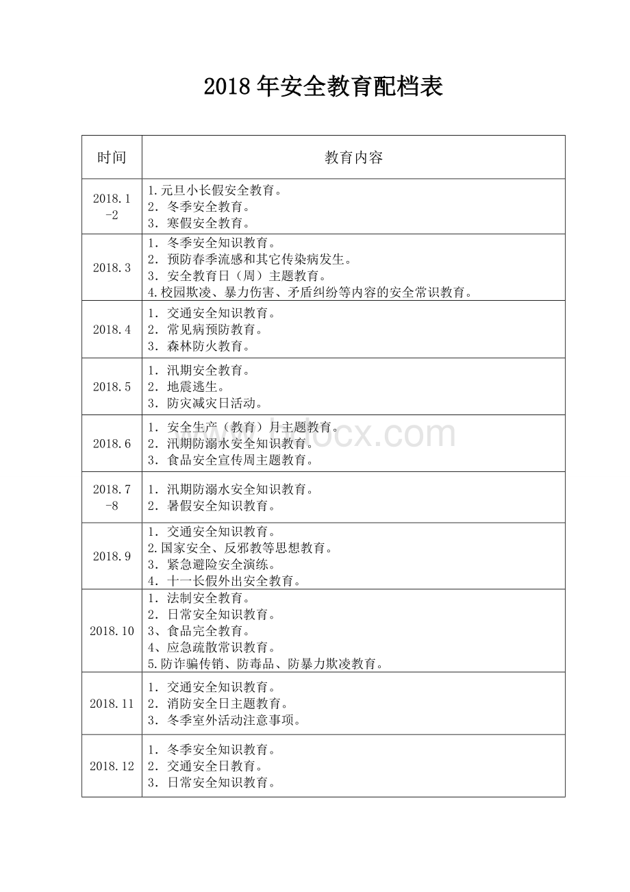 安全教育计划配档表(2018).doc_第1页