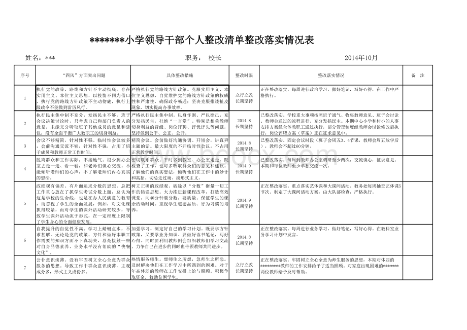 学校领导干部个人整改清单整改落实情况表表格文件下载.xls