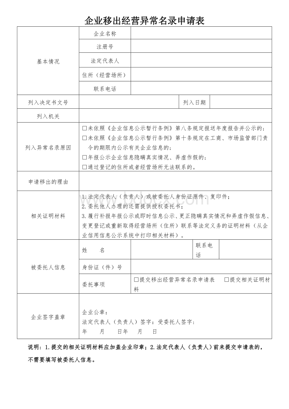 企业、合作社、个体移出经营异常名录申请表Word文件下载.doc