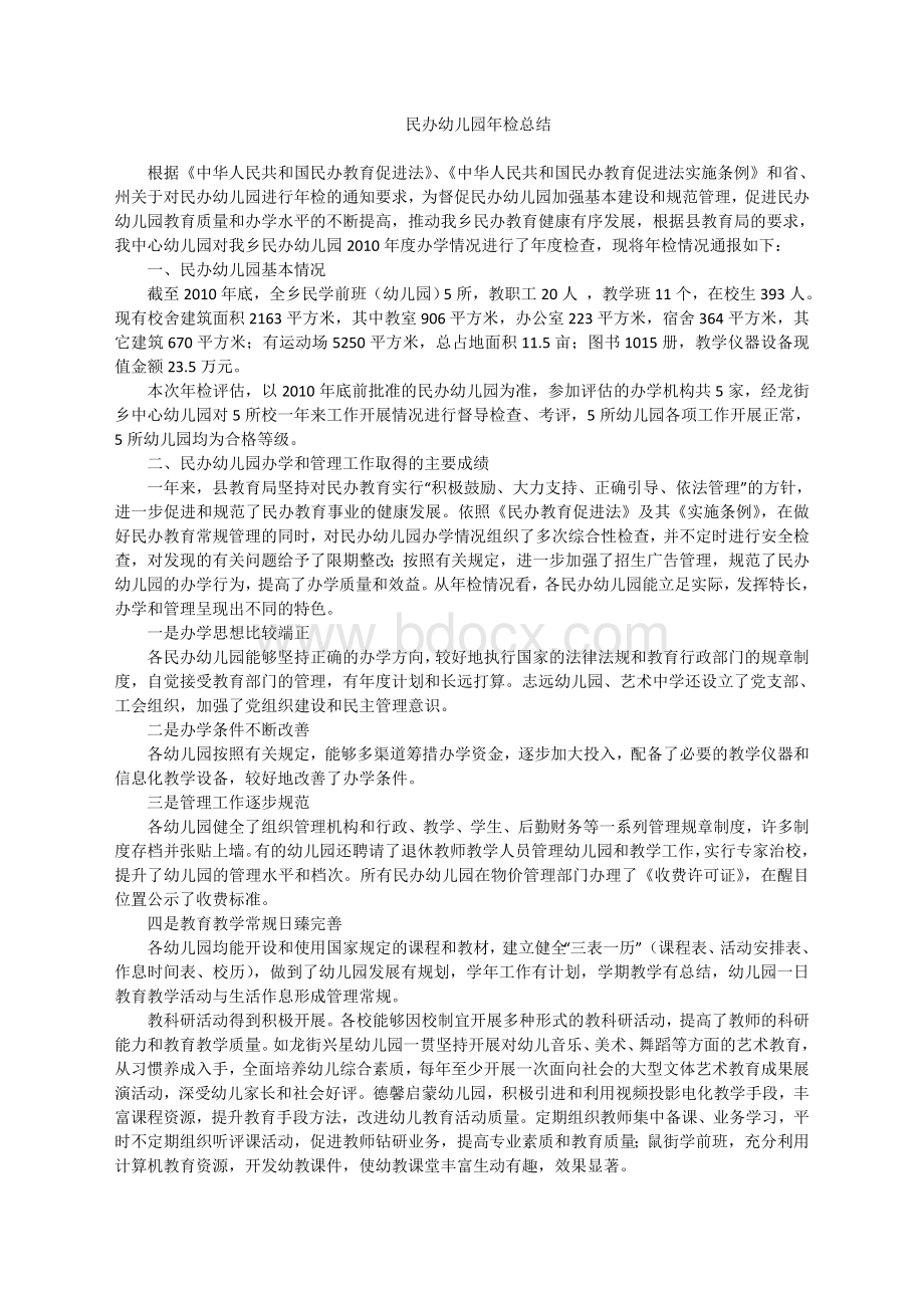 民办幼儿园年检总结Word文件下载.doc