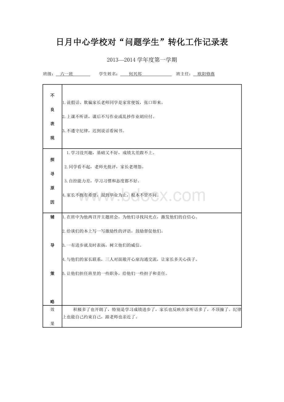 学校对“问题学生”转化工作记录表文档格式.doc