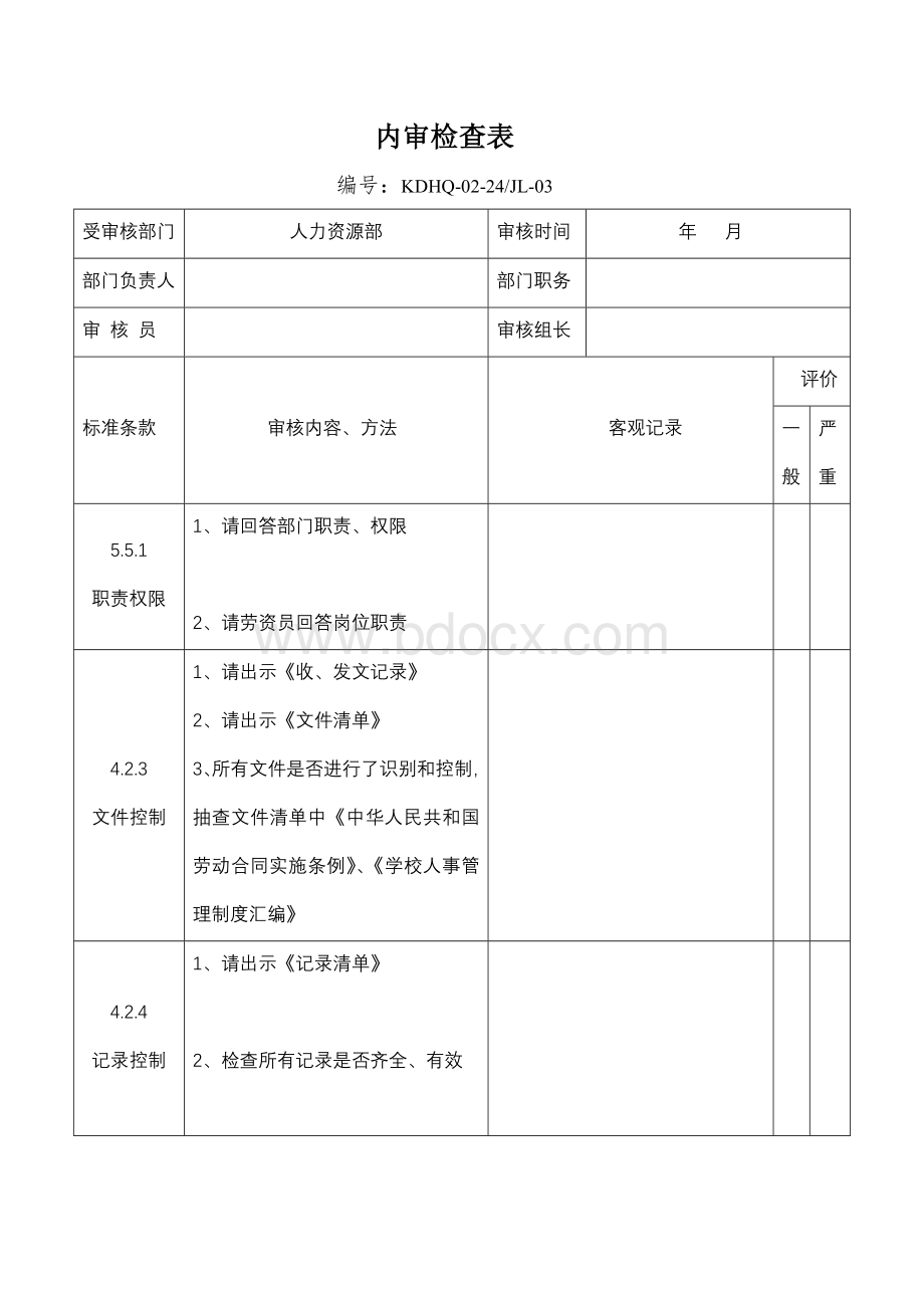 人力资源部内审检查表Word格式.doc_第1页