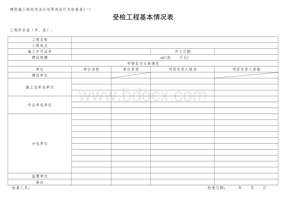 建筑施工转包违法分包等违法行为检查表Word文件下载.docx