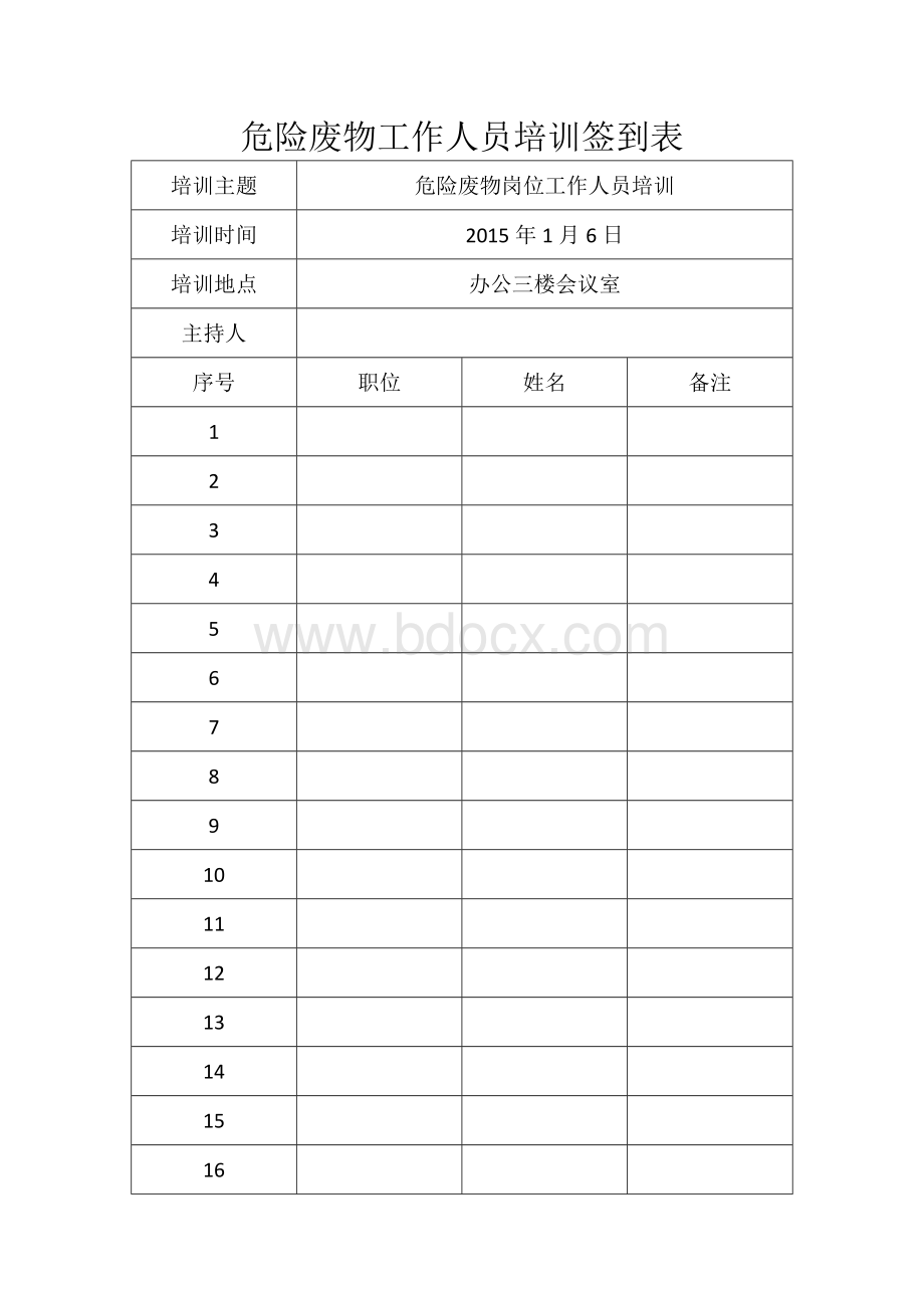 危险废物工作人员培训签到表Word文档下载推荐.doc