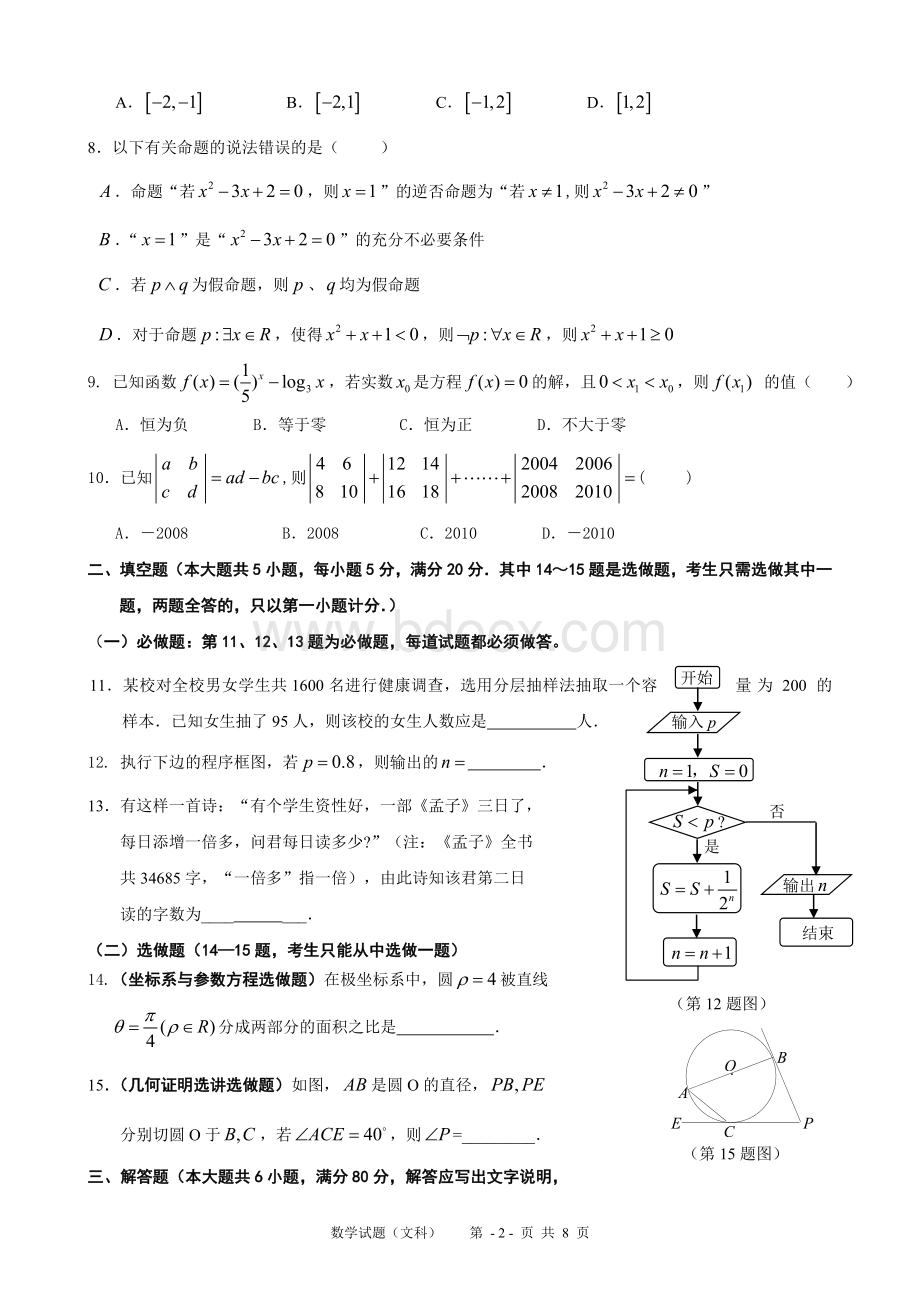 广东省惠州市2011届高三第一次调研考试(文科数学)(参考答案及评分标准).doc_第2页