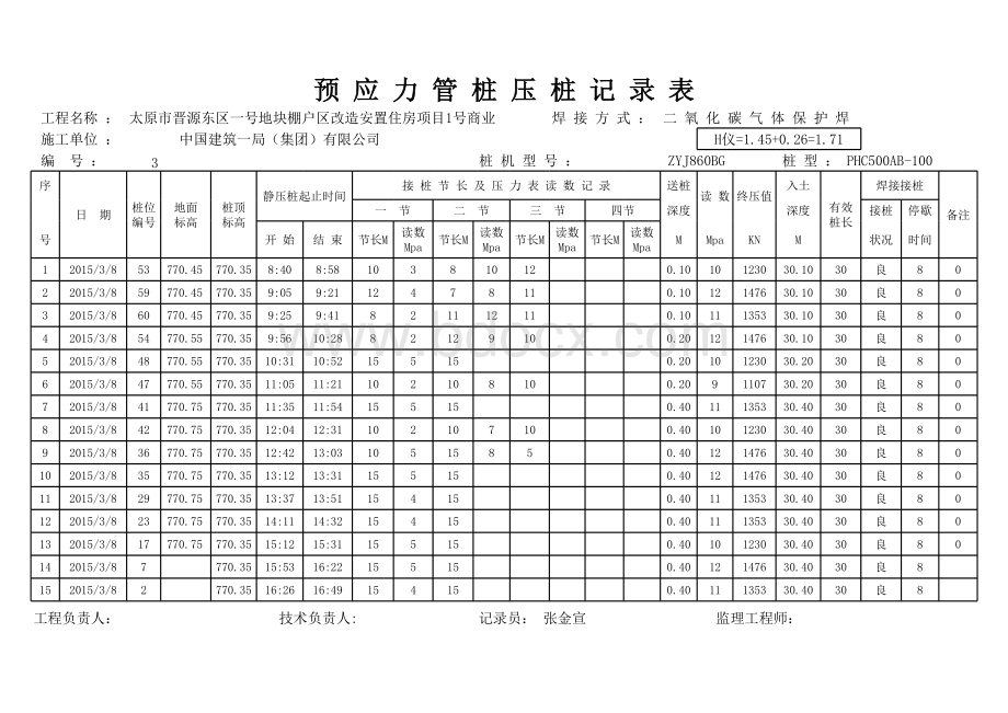 预应力管桩压桩记录表表格文件下载.xls_第3页