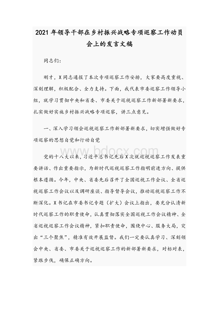 2021年领导干部在乡村振兴战略专项巡察工作动员会上的发言文稿.docx_第1页