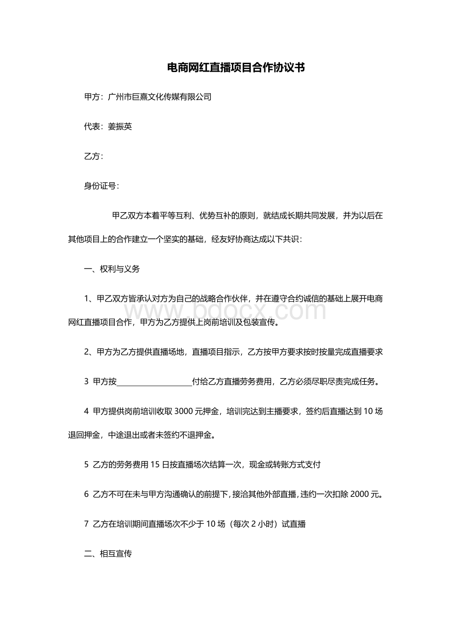 电商网红直播项目合作协议书文档格式.docx