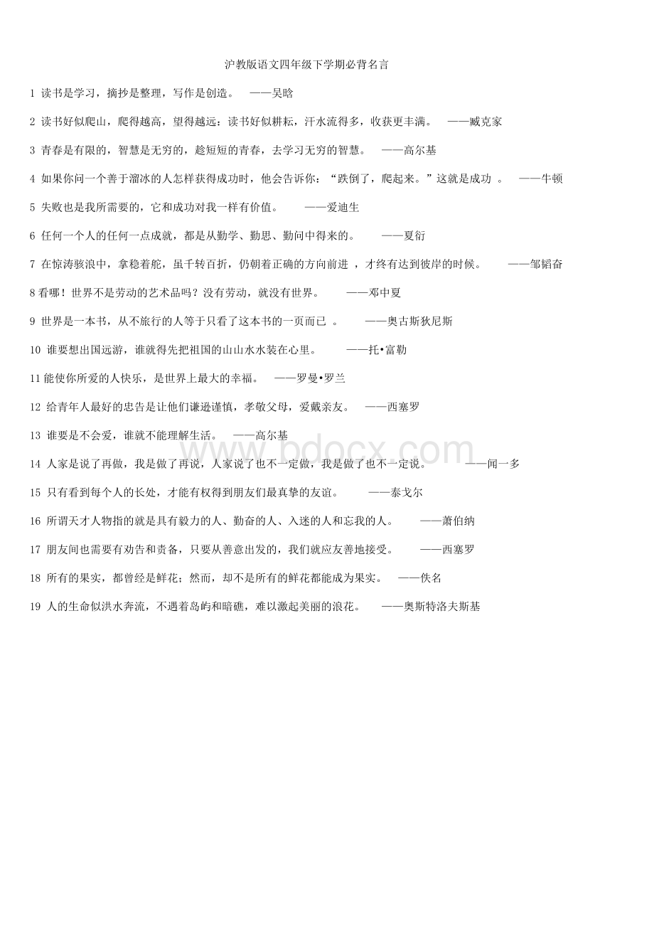 沪教版语文四年级下学期必背名言.docx