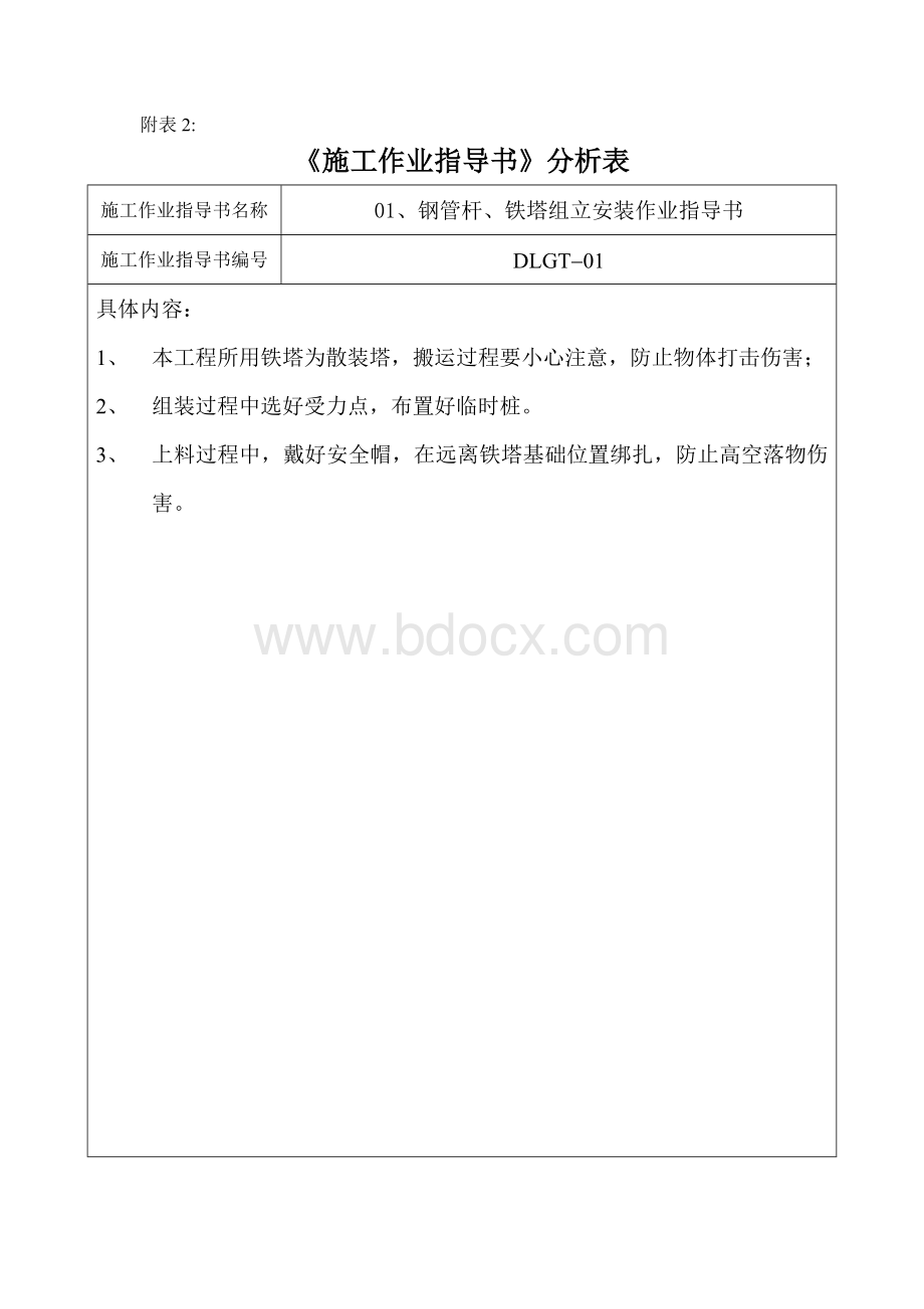 施工作业指导书差异化分析表.doc