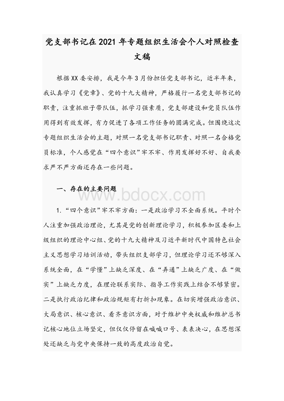 党支部书记在2021年专题组织生活会个人对照检查文稿Word文件下载.docx