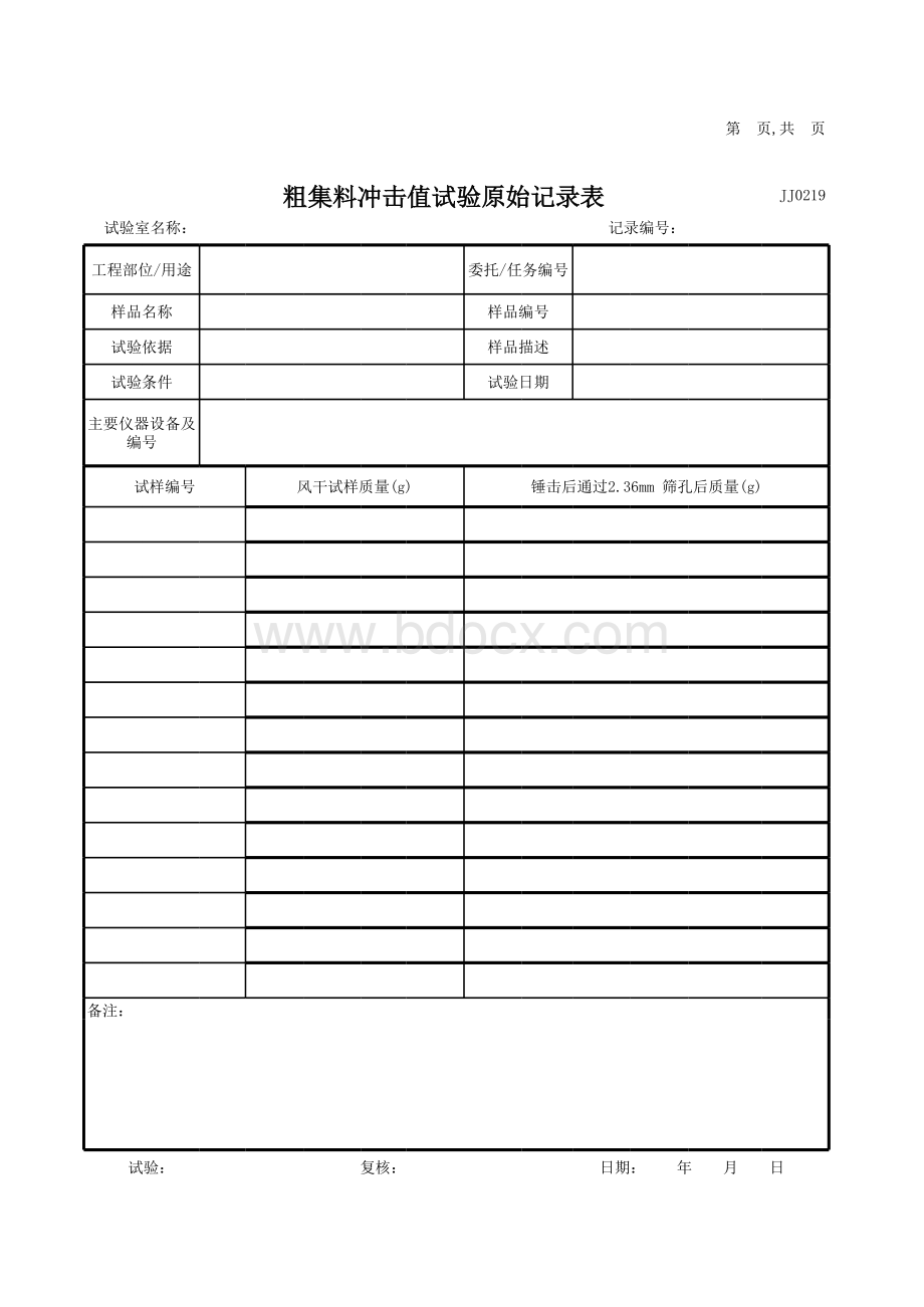 粗集料冲击值试验检测记录表表格文件下载.xls_第1页