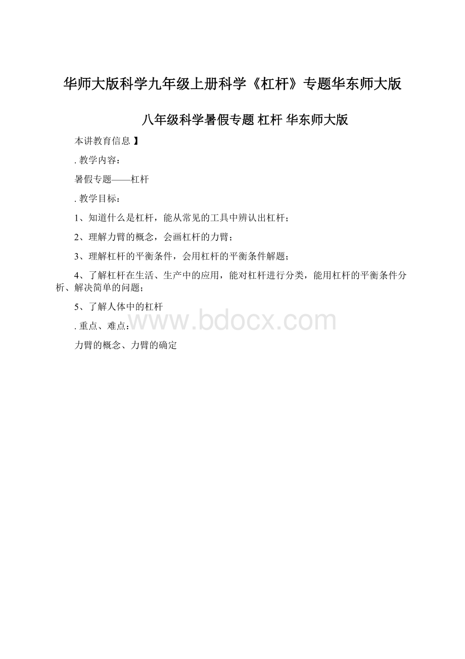 华师大版科学九年级上册科学《杠杆》专题华东师大版Word下载.docx